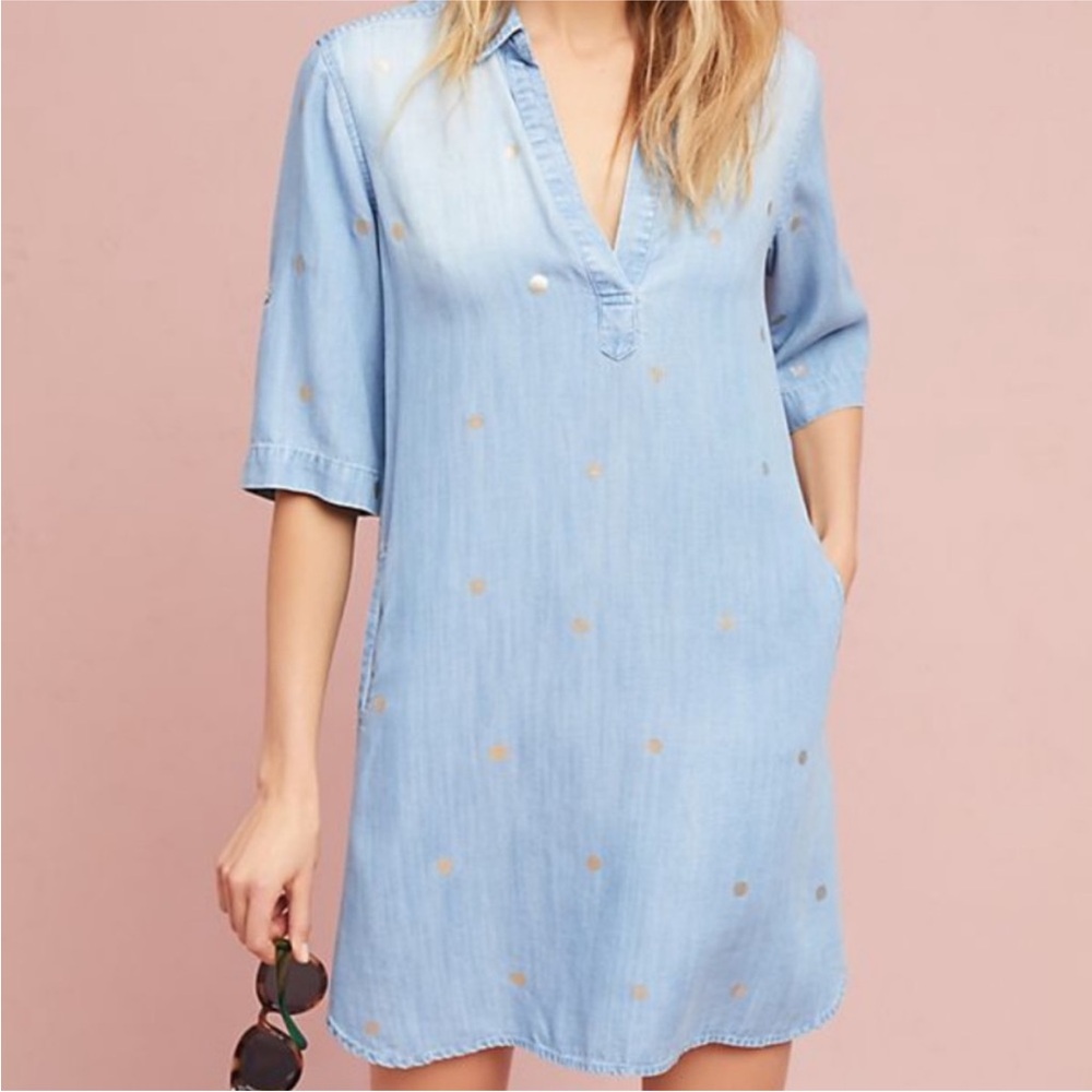 Cloth & Stone Gold-Dotted Chambray Dress Medium
